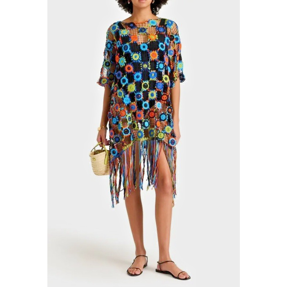 Miguelina Romana Bohemian Fringed Crocheted Cotton Handmade Coverup Kaftan M